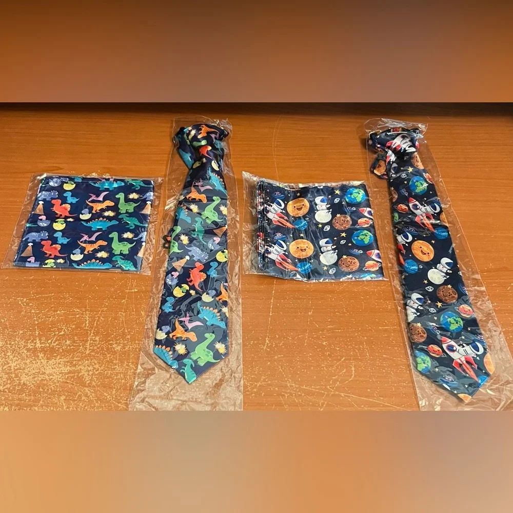 Kids Dinosaur and Space Print Tie and Pocket Square Set